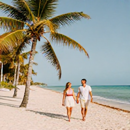 Caribbean Holidays, Cuba Couples Holidays, A couple walking hand in hand along a quiet palm-fringed beach in Varadero, Cuba, in warm September sunshine