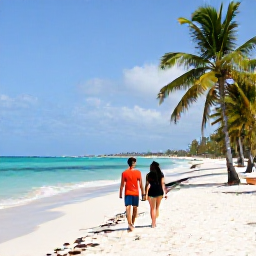 Caribbean Holidays, Cuba Couples Holidays, A couple walking hand in hand along a quiet white-sand beach in Varadero, Cuba, with turquoise sea and palm trees
