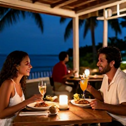 Caribbean Holidays, Cuba Couples Holidays, Couple dining at a candlelit outdoor restaurant in Cuba, local dishes, tropical drinks and relaxed evening atmosphere