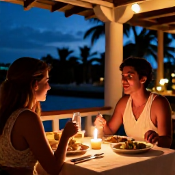 Caribbean Holidays, Cuba Couples Holidays, Couple dining at an intimate outdoor restaurant in Cuba, with local dishes, candles and warm evening lighting