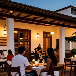 Caribbean Holidays, Cuba Couples Holidays, Couple dining outdoors at a stylish Cuban restaurant in the evening, with warm lights, local food and live music