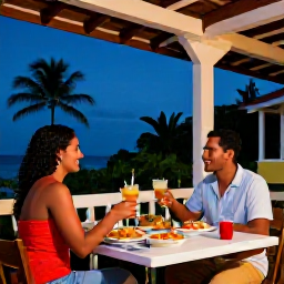Caribbean Holidays, Cuba Couples Holidays, Couple enjoying a Cuban dinner on a shaded terrace with colourful food, local drinks and tropical evening surroundings