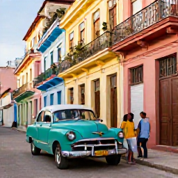 Caribbean Holidays, Cuba Couples Holidays, Couple exploring colourful colonial street in Old Havana, Cuba, with vintage American car, balconies and warm afternoon light