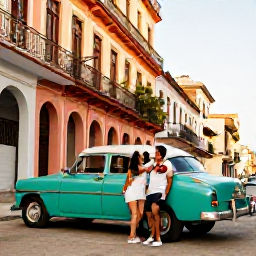 Caribbean Holidays, Cuba Couples Holidays, Couple exploring colourful colonial streets and classic American cars in Havana, Cuba, in warm afternoon light