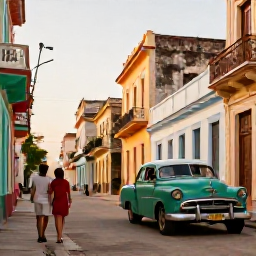 Caribbean Holidays, Cuba Couples Holidays, Couple exploring colourful colonial streets in Old Havana, classic cars and historic buildings in warm afternoon light