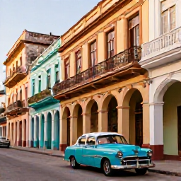 Caribbean Holidays, Cuba Couples Holidays, Couple exploring colourful colonial streets in Old Havana, classic vintage cars, balconies and warm afternoon light