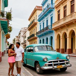 Caribbean Holidays, Cuba Couples Holidays, Couple exploring colourful Old Havana with vintage American cars, balconies and lively street life in the background