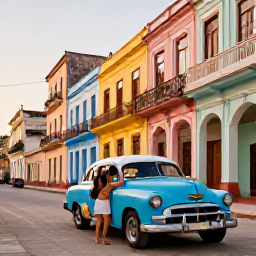 Caribbean Holidays, Cuba Couples Holidays, Couple exploring colourful streets of Old Havana with classic vintage cars, colonial buildings and warm evening light