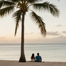 Caribbean Holidays, Cuba Couples Holidays, Couple relaxing on a Cuban beach beneath palm trees, soft evening light, calm water and intimate peaceful holiday mood