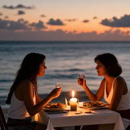Caribbean Holidays, Cuba Couples Holidays, Couple sharing a quiet dinner at a Cuban seaside restaurant at sunset, candles, local food and gentle ocean backdrop