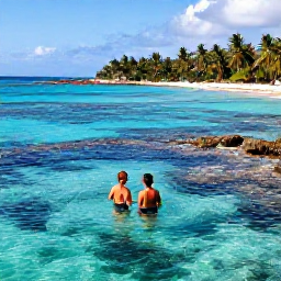 Caribbean Holidays, Cuba Couples Holidays, Couple snorkelling in clear turquoise water beside a coral reef near Cuba, with a sunny tropical coastline in the background