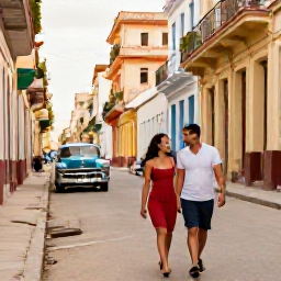 Caribbean Holidays, Cuba Couples Holidays, Couple strolling through the colourful streets of Old Havana in warm April sunshine, classic cars and colonial buildings around them