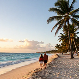 Caribbean Holidays, Cuba Couples Holidays, Couple walking along a quiet Cuban beach at sunset, warm August light, turquoise sea and palm trees