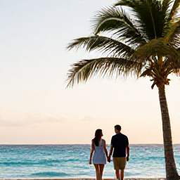 Caribbean Holidays, Cuba Couples Holidays, Couple walking hand in hand along a palm-fringed Cuban beach at golden hour, calm turquoise sea and relaxed holiday atmosphere