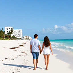 Caribbean Holidays, Cuba Couples Holidays, Couple walking hand in hand along a quiet white-sand beach in Varadero, Cuba, beneath a sunny July sky