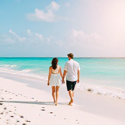 Caribbean Holidays, Cuba Couples Holidays, Couple walking hand in hand along a quiet white sandy beach in Varadero, Cuba, with turquoise sea and soft January sunshine