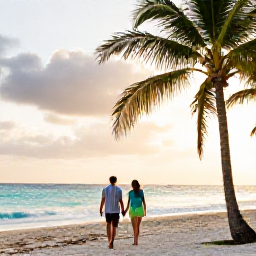 Caribbean Holidays, Cuba Couples Holidays, Couple walking hand in hand along Varadero beach at sunset, palm trees and calm turquoise sea