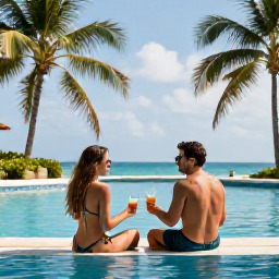 Caribbean Holidays, Cuba Couples Holidays, Relaxed couple sharing drinks beside a tropical swimming pool at a Cuban beach resort during a sunny afternoon