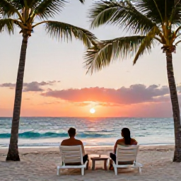 Caribbean Holidays, Cuba Couples Holidays, Romantic beachfront resort in Varadero with sun loungers, palm trees and a couple enjoying the sea at sunset