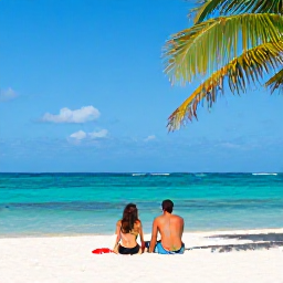 Caribbean Holidays, Cuba Couples Holidays, Romantic couple relaxing on a palm-fringed beach in Varadero, Cuba, clear blue water and bright summer sky