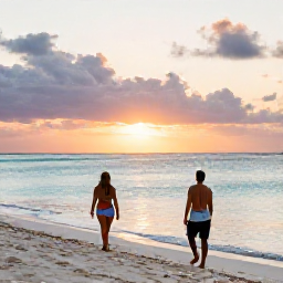 Caribbean Holidays, Cuba Couples Holidays, Romantic sunset on a white sandy beach in Varadero, Cuba, with a couple walking beside calm turquoise water