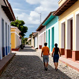 Caribbean Holidays, Cuba Couples October, Couple exploring colourful colonial streets in Trinidad, Cuba, with cobbled lanes and historic buildings