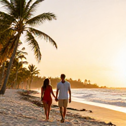Caribbean Holidays, Cuba Couples October, Couple walking hand in hand along a quiet Cuban beach at sunset, palm trees and warm golden light