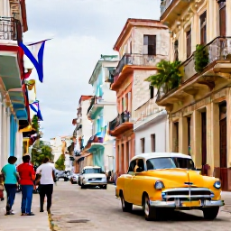 Caribbean Holidays, Cuba Culture Holidays, A lively Havana street with colourful classic cars, colonial buildings, Cuban flags and local people enjoying everyday life