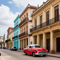 Caribbean Holidays, Cuba Culture Holidays, Colourful classic American cars and colonial buildings along a lively street in Old Havana, Cuba
