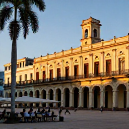 Caribbean Holidays, Cuba Culture Holidays, Historic Plaza Vieja in Havana at golden hour, with restored colonial architecture, palm trees and people enjoying caf&eacute;s