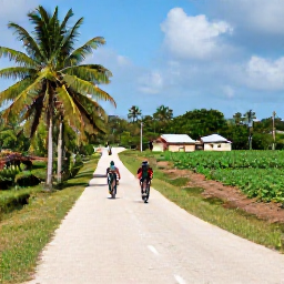 Caribbean Holidays, Cuba December Adventures, Cyclists travelling along a quiet rural road through Cuban farmland, with palms, tobacco fields and a small traditional village