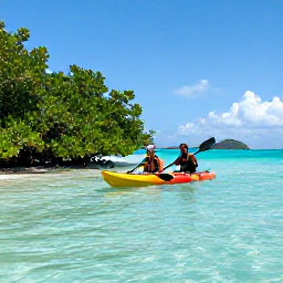 Caribbean Holidays, Cuba December Adventures, Kayakers paddling through clear turquoise water beside mangroves on Cuba&rsquo;s coast, with tropical islands in the distance