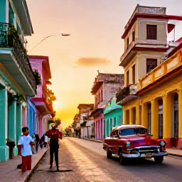 Caribbean Holidays, Cuba December Holidays, Colourful Havana street at sunset with classic American cars, colonial buildings and Cuban musicians