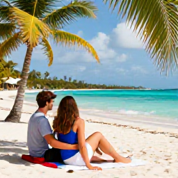 Caribbean Holidays, Cuba December Holidays, Happy couple relaxing on a Cuban beach in December with tropical palms, turquoise water and a comfortable resort setting