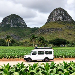 Caribbean Holidays, Cuba December Holidays, Luxury travellers exploring the Vi&ntilde;ales Valley in Cuba, dramatic limestone hills, tobacco fields, palms and a comfortable private vehicle
