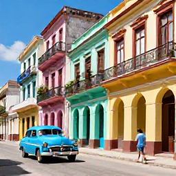 Caribbean Holidays, Cuba December Tours, Traveller walking through Havana's Old Town with colourful fa&ccedil;ades, balconies and a classic car