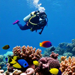 Caribbean Holidays, Cuba Diving April, Colourful coral reef in Cuba with angelfish, parrotfish and a scuba diver swimming above the seabed