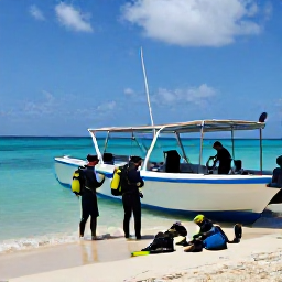 Caribbean Holidays, Cuba Diving April, Friendly scuba divers preparing equipment beside a dive boat on a sunny Cuban beach