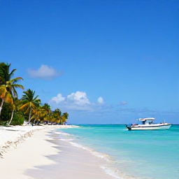 Caribbean Holidays, Cuba Diving April, Peaceful Cuban Caribbean coastline with palm trees, bright blue sea and a small dive boat on a sunny April day