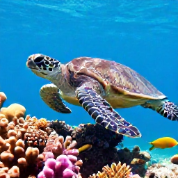 Caribbean Holidays, Cuba Diving August, Close-up underwater view of Cuban coral, colourful reef fish and a graceful sea turtle in clear blue water