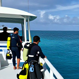 Caribbean Holidays, Cuba Diving August, Friendly scuba divers checking equipment beside a Cuban dive centre before entering the sea on a sunny holiday morning