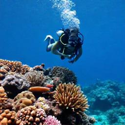 Caribbean Holidays, Cuba Diving August, Scuba diver exploring a colourful coral reef in clear tropical water off Cuba during August