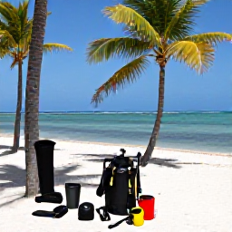 Caribbean Holidays, Cuba Diving December, Divers preparing equipment beside a sunny Cuban beach with palm trees and calm blue sea