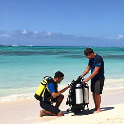 Caribbean Holidays, Cuba Diving February, Scuba diver checking equipment with a professional Cuban dive instructor beside a calm tropical beach before a February dive