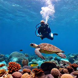 Caribbean Holidays, Cuba Diving February, Scuba diver swimming above healthy coral gardens with tropical fish and a sea turtle in the clear waters of Cuba
