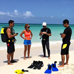 Caribbean Holidays, Cuba Diving February, Scuba diving instructor briefing holidaymakers beside a Cuban beach, with masks, fins and tanks ready for a February boat trip