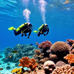 Caribbean Holidays, Cuba Diving January, Clear turquoise Caribbean water over a colourful coral reef near Cuba, divers exploring among tropical fish in bright January sunshine