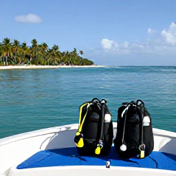 Caribbean Holidays, Cuba Diving January, Cuban dive boat on calm turquoise water near a palm-fringed coast, with scuba equipment ready for a January excursion
