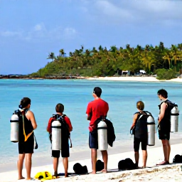 Caribbean Holidays, Cuba Diving January, Friendly Cuban dive guide briefing a small group beside the sea, with scuba tanks and palm-fringed coastline in the background