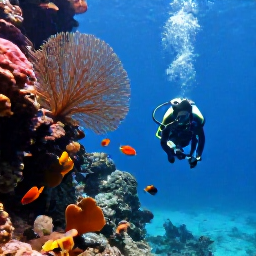 Caribbean Holidays, Cuba Diving January, Scuba divers descending beside a Cuban reef wall with sea fans, sponges and schools of tropical fish in clear blue water